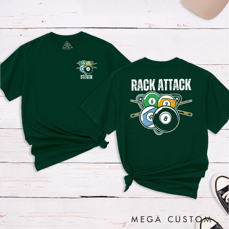 Personalized Billiards, Pool, and Snooker Rack'em Up Crossed T-Shirts Featuring a Unique Design with Your Name