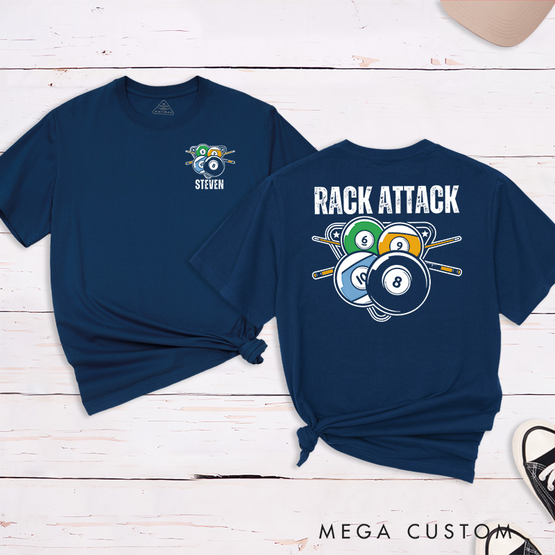 Personalized Billiards, Pool, and Snooker Rack'em Up Crossed T-Shirts Featuring a Unique Design with Your Name