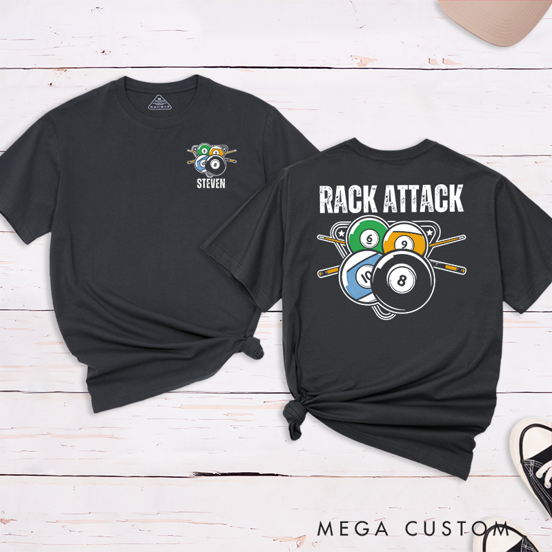 Personalized Billiards, Pool, and Snooker Rack'em Up Crossed T-Shirts Featuring a Unique Design with Your Name