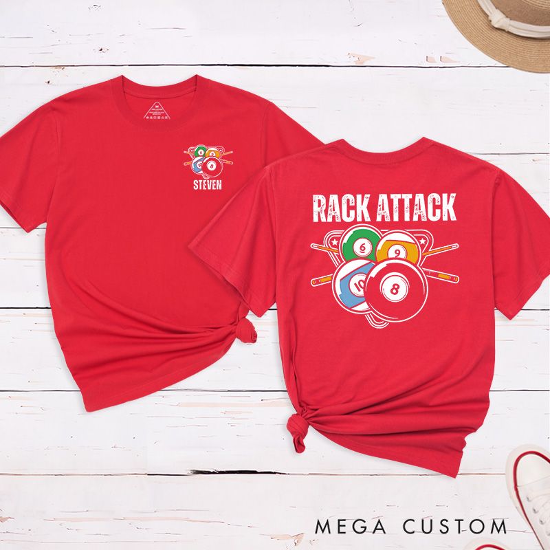 Personalized Billiards, Pool, and Snooker Rack'em Up Crossed T-Shirts Featuring a Unique Design with Your Name