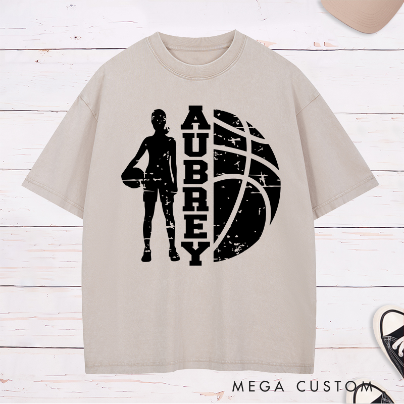 Personalized Washed T-Shirt Design Featuring a Bold Basketball Player Silhouette with Customizable Vertical Name and Distressed Graphic Style