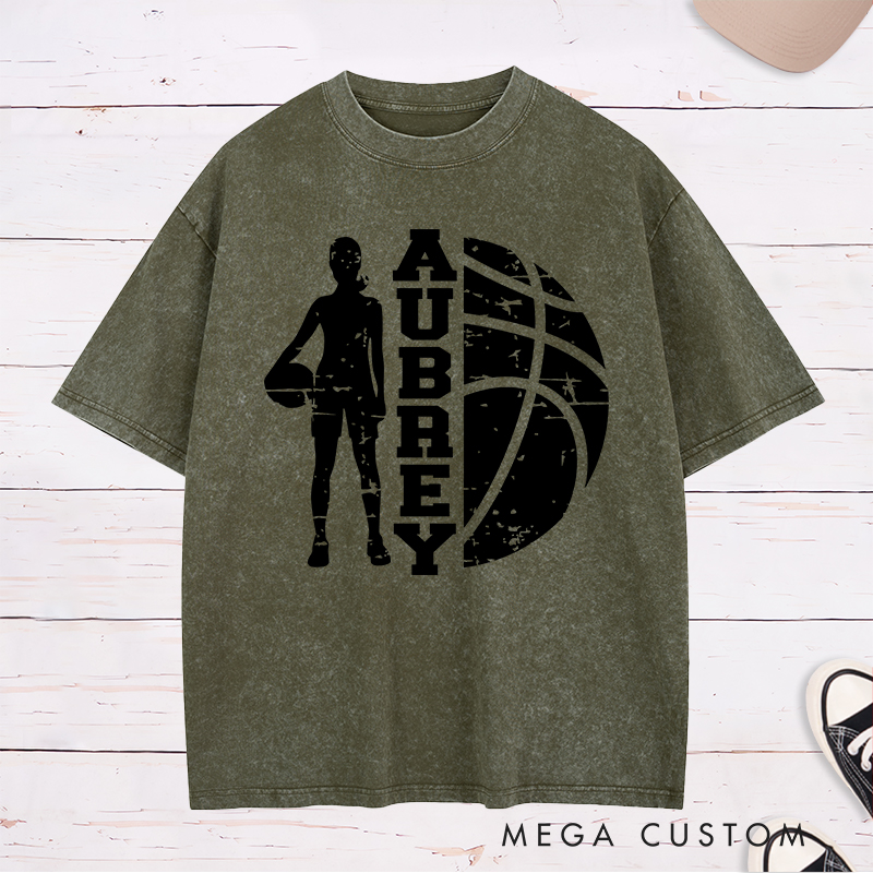 Personalized Washed T-Shirt Design Featuring a Bold Basketball Player Silhouette with Customizable Vertical Name and Distressed Graphic Style