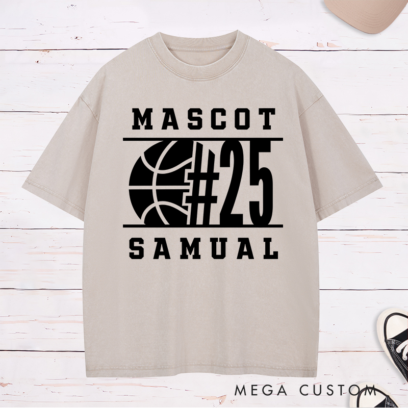 Personalized Washed T-Shirt Design Featuring Bold Basketball Graphic with Customizable Team Name Player Number and Personal Name