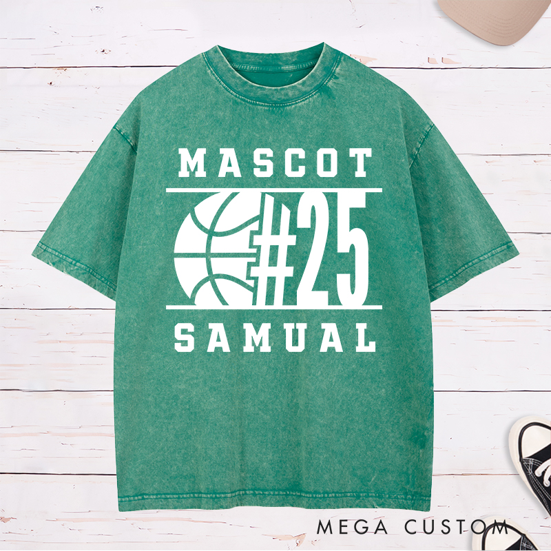 Personalized Washed T-Shirt Design Featuring Bold Basketball Graphic with Customizable Team Name Player Number and Personal Name