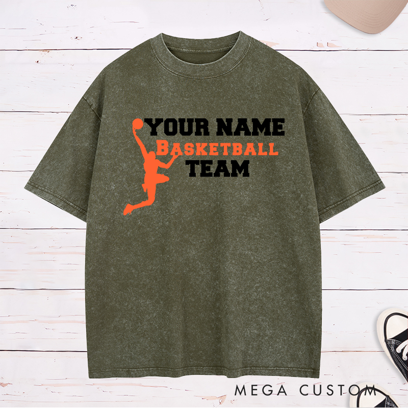 Personalized Basketball Team Washed T-Shirt Design Featuring a Dynamic Dunking Player Silhouette with Customizable Team Name for a Bold and Unique Look