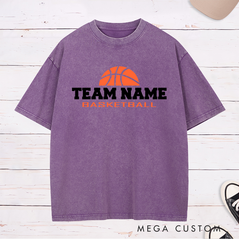 Personalized Basketball Team Washed T-Shirt Design Featuring Bold Customizable Team Name with Classic Basketball Graphic