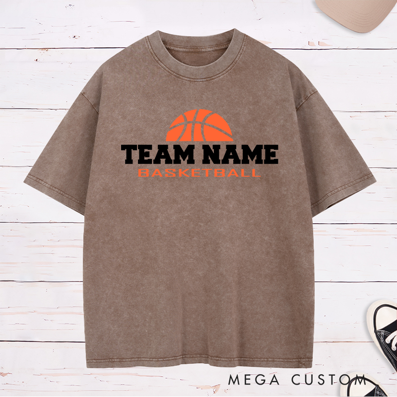 Personalized Basketball Team Washed T-Shirt Design Featuring Bold Customizable Team Name with Classic Basketball Graphic