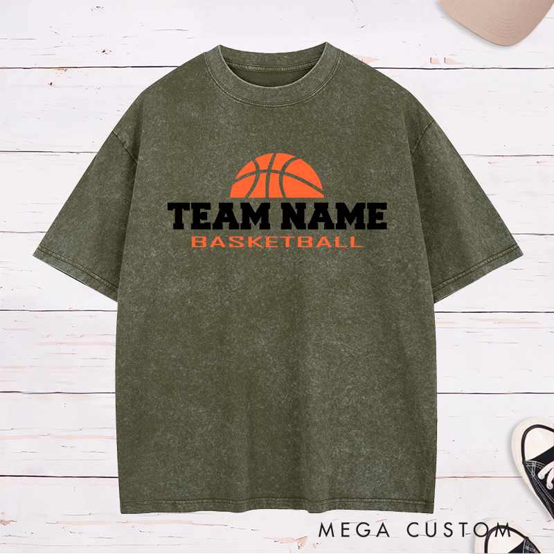 Personalized Basketball Team Washed T-Shirt Design Featuring Bold Customizable Team Name with Classic Basketball Graphic