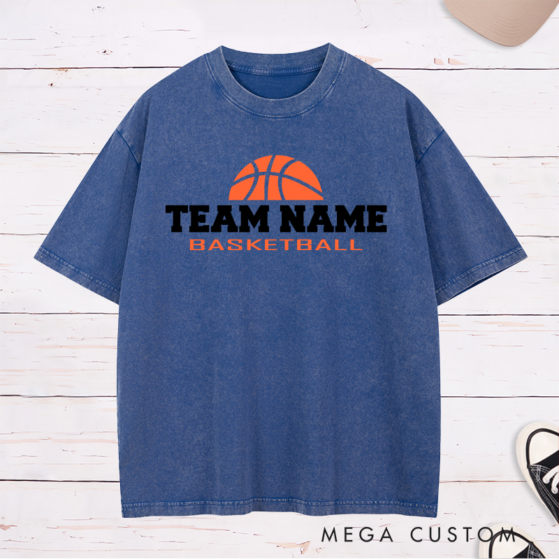 Personalized Basketball Team Washed T-Shirt Design Featuring Bold Customizable Team Name with Classic Basketball Graphic