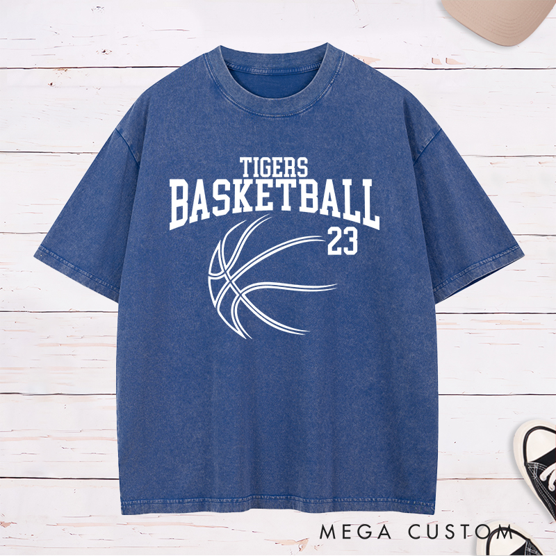 Personalized Washed T-Shirt Design Featuring Custom Team Name and Player Number with Sleek Basketball Graphic in a Bold Arch Layout