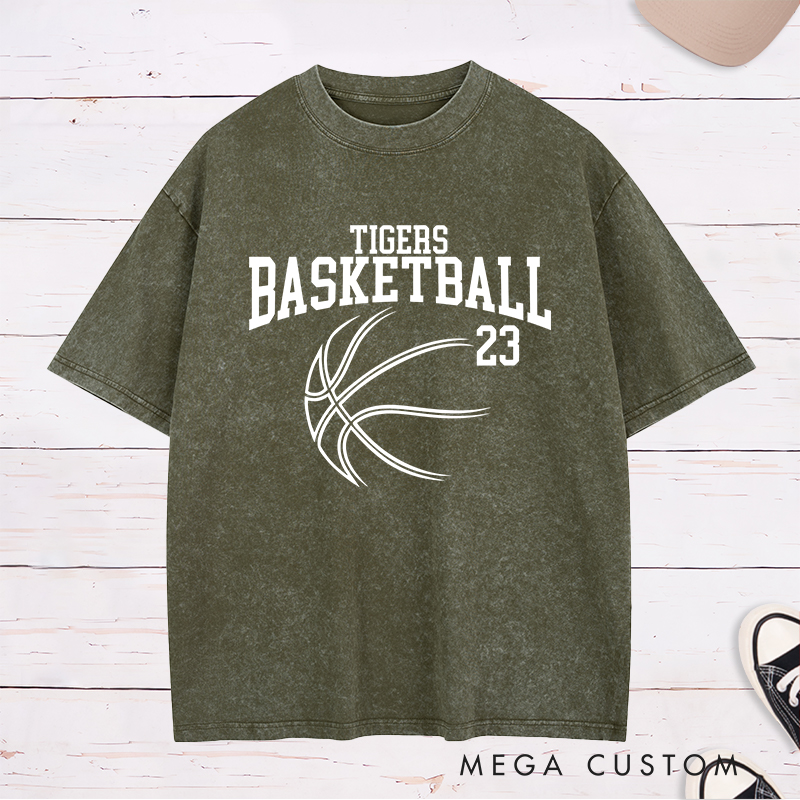 Personalized Washed T-Shirt Design Featuring Custom Team Name and Player Number with Sleek Basketball Graphic in a Bold Arch Layout