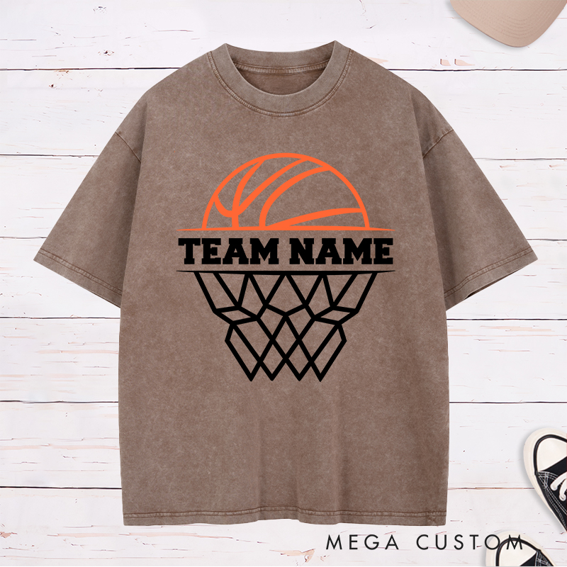 Personalized Basketball Team Washed T-Shirt Design Featuring Custom Team Name with Bold Hoop and Ball Graphic