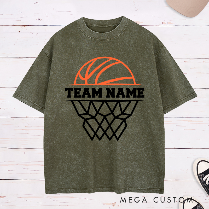 Personalized Basketball Team Washed T-Shirt Design Featuring Custom Team Name with Bold Hoop and Ball Graphic