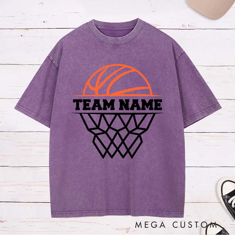 Personalized Basketball Team Washed T-Shirt Design Featuring Custom Team Name with Bold Hoop and Ball Graphic