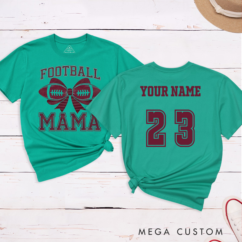 Personalized American Football Bow Mom T-Shirts Featuring Custom Name and Number for Game Day Glam