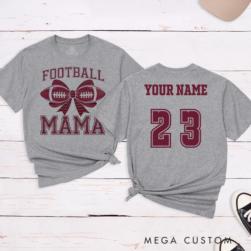 Personalized American Football Bow Mom T-Shirts Featuring Custom Name and Number for Game Day Glam