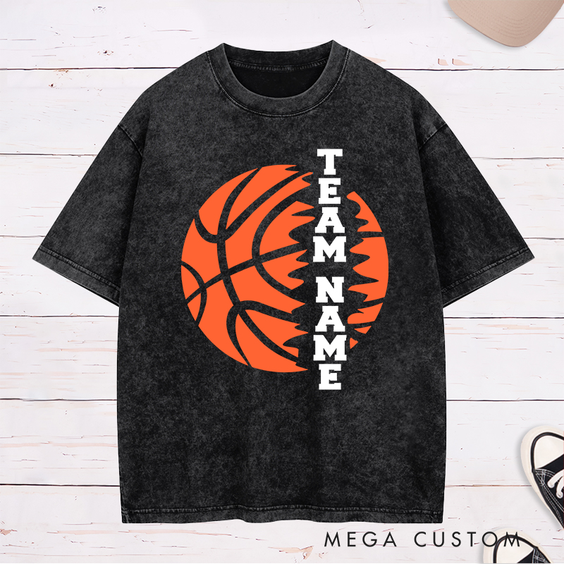 Personalized Washed T-Shirt Design Featuring Custom Team Name with Bold Vertical Text and Dynamic Basketball Graphic