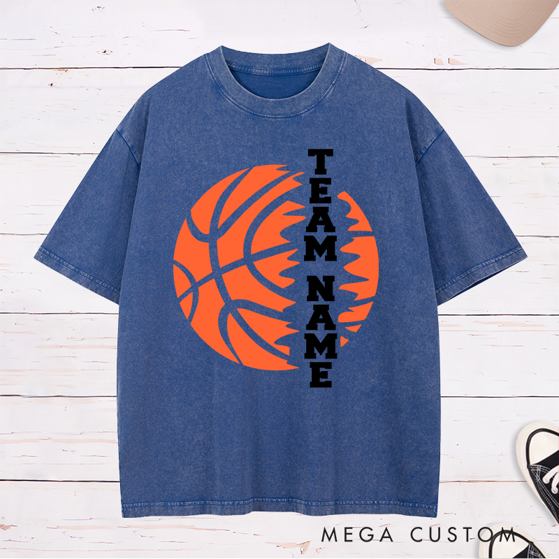Personalized Washed T-Shirt Design Featuring Custom Team Name with Bold Vertical Text and Dynamic Basketball Graphic