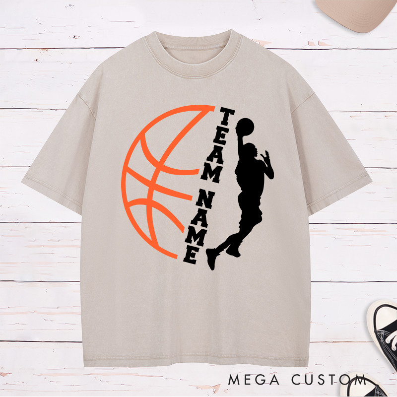 Personalized Washed T-Shirt Design Featuring Custom Team Name with Dynamic Dunking Player Silhouette and Bold Basketball Graphic