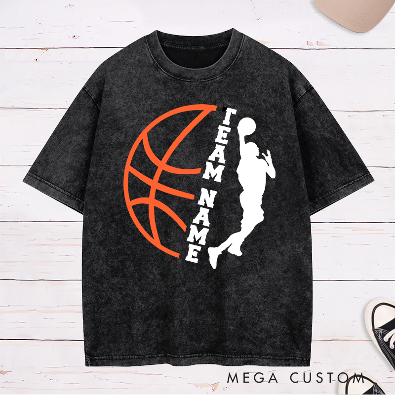 Personalized Washed T-Shirt Design Featuring Custom Team Name with Dynamic Dunking Player Silhouette and Bold Basketball Graphic