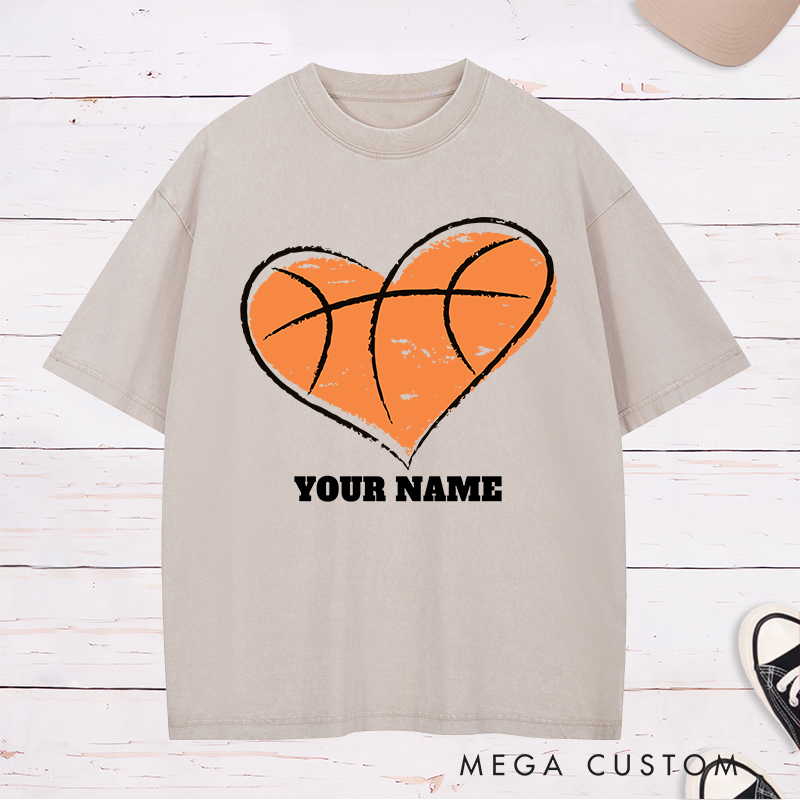 Personalized Washed T-Shirt Design Featuring a Heart-Shaped Basketball Graphic with Customizable Name for a Unique and Stylish Look
