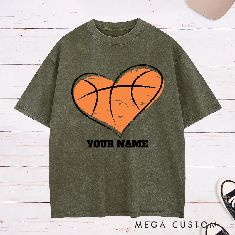 Personalized Washed T-Shirt Design Featuring a Heart-Shaped Basketball Graphic with Customizable Name for a Unique and Stylish Look