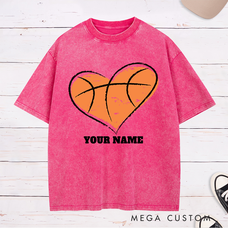 Personalized Washed T-Shirt Design Featuring a Heart-Shaped Basketball Graphic with Customizable Name for a Unique and Stylish Look