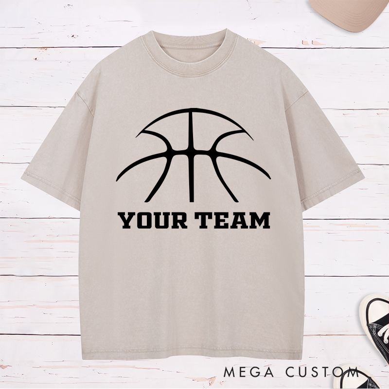 Personalized Washed T-Shirt Design Featuring a Minimalist Basketball Graphic with Customizable Team Name in Bold Text