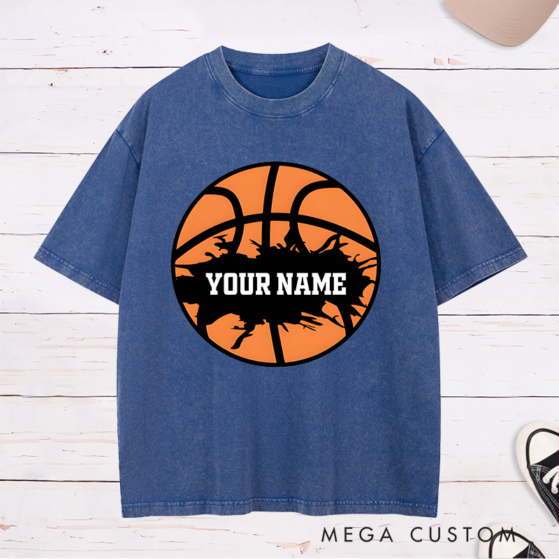 Personalized Washed T-Shirt Design Featuring a Bold Basketball Graphic with Splatter Effect and Customizable Name
