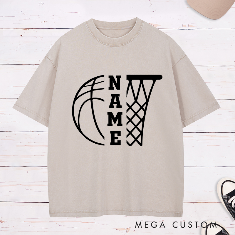 Personalized Washed T-Shirt Design Featuring a Basketball and Hoop Graphic with Customizable Vertical Name