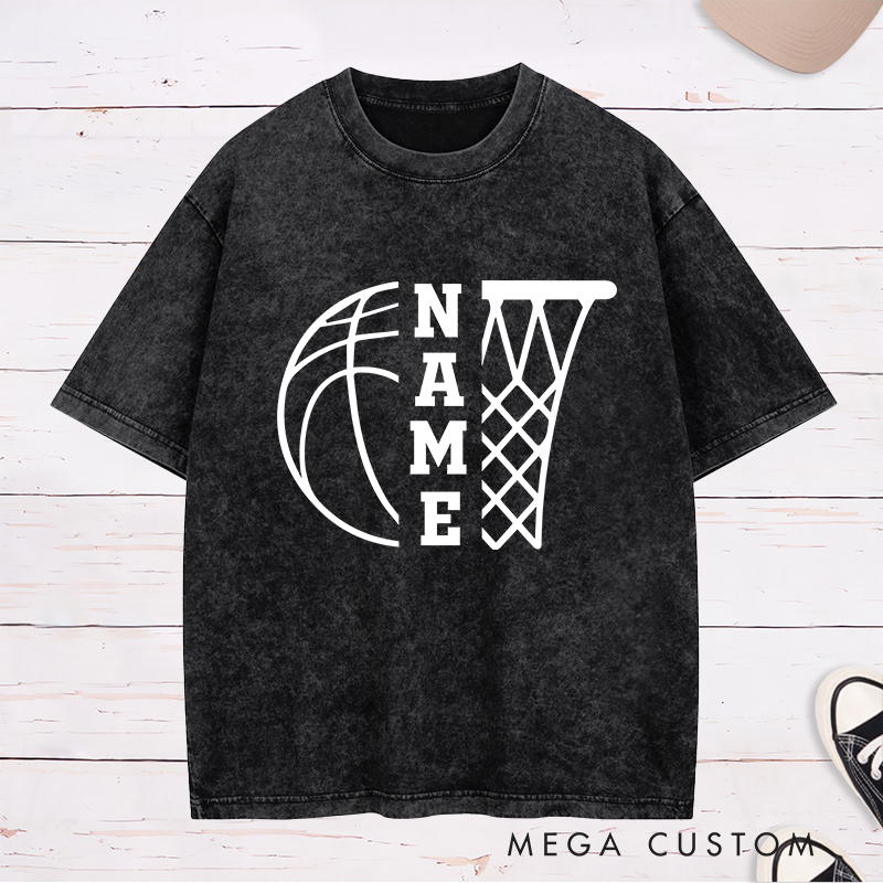 Personalized Washed T-Shirt Design Featuring a Basketball and Hoop Graphic with Customizable Vertical Name