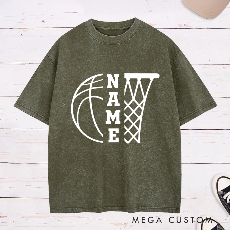 Personalized Washed T-Shirt Design Featuring a Basketball and Hoop Graphic with Customizable Vertical Name