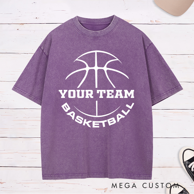 Personalized Washed T-Shirt Design Featuring a Basketball Outline with Customizable Team Name