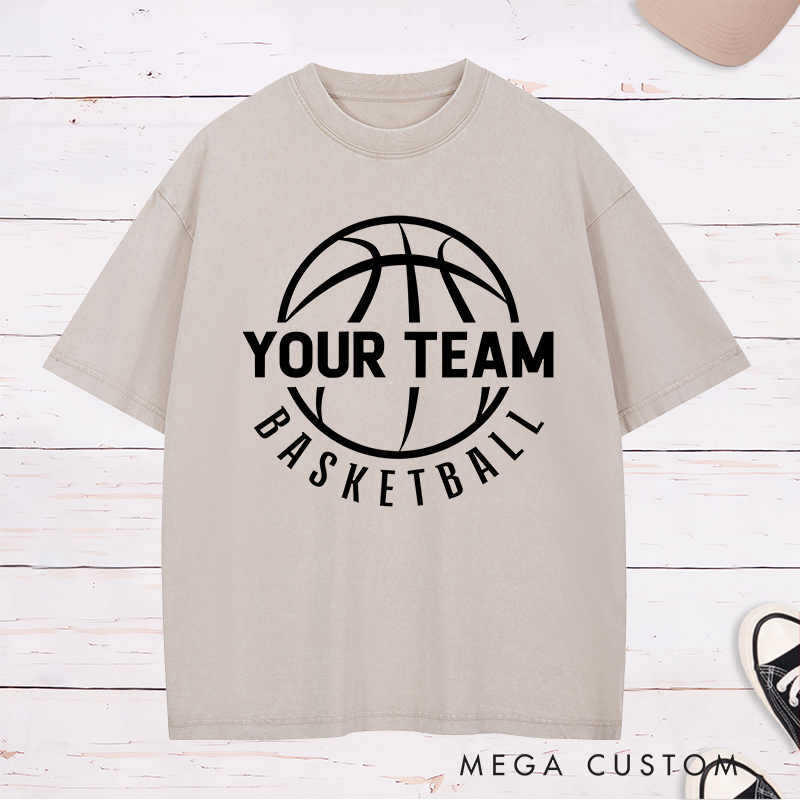 Personalized Washed T-Shirt Design Featuring a Bold Basketball Graphic with Customizable Team Name and Arched Text