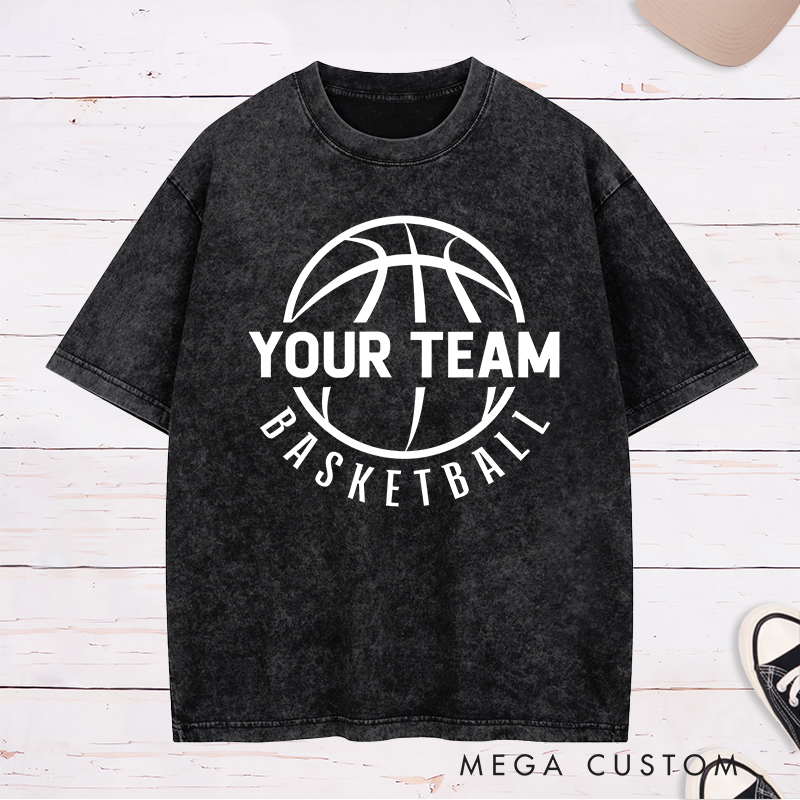 Personalized Washed T-Shirt Design Featuring a Bold Basketball Graphic with Customizable Team Name and Arched Text