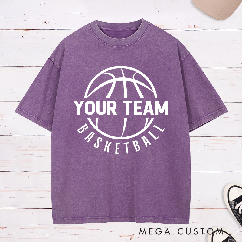 Personalized Washed T-Shirt Design Featuring a Bold Basketball Graphic with Customizable Team Name and Arched Text