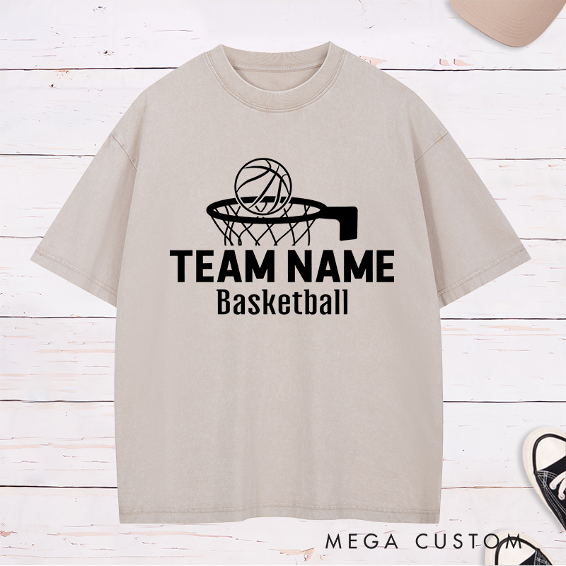 Personalized Washed T-Shirt Design Featuring a Basketball Hoop Graphic with Customizable Team Name and Basketball Text