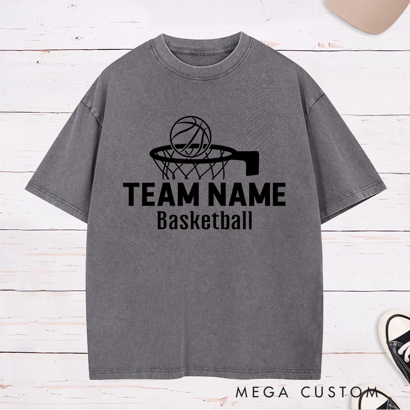 Personalized Washed T-Shirt Design Featuring a Basketball Hoop Graphic with Customizable Team Name and Basketball Text