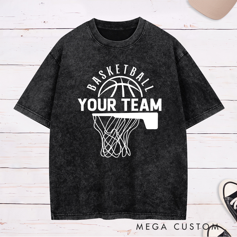 Personalized Washed T-Shirt Design Featuring a Basketball Hoop and Arched Basketball Text with a Customizable Team Name