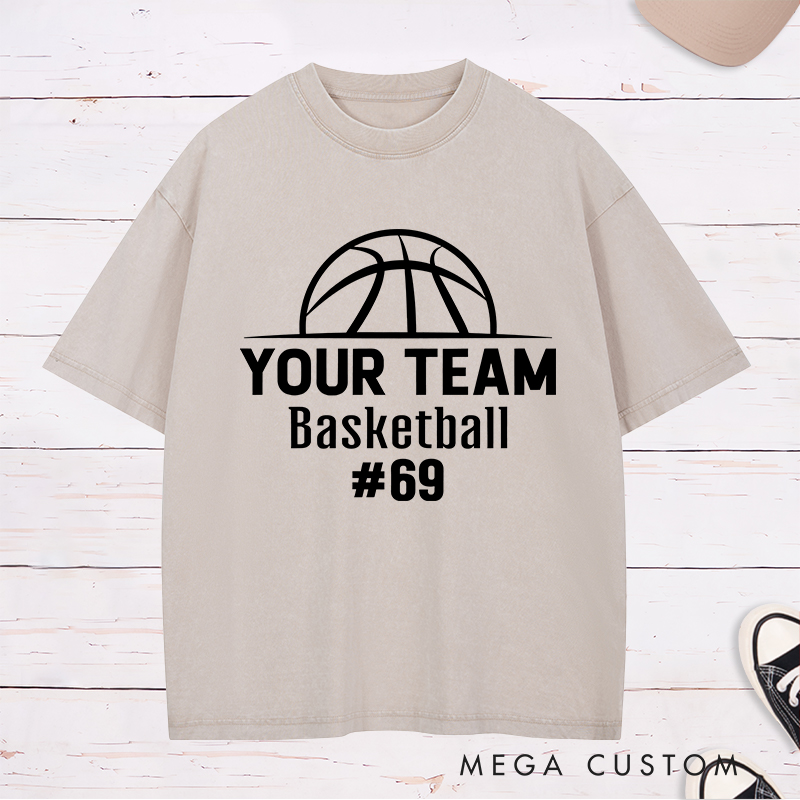 Personalized Washed T-Shirt Design Featuring a Bold Basketball Graphic with Customizable Team Name and Player Number