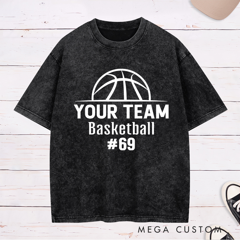 Personalized Washed T-Shirt Design Featuring a Bold Basketball Graphic with Customizable Team Name and Player Number