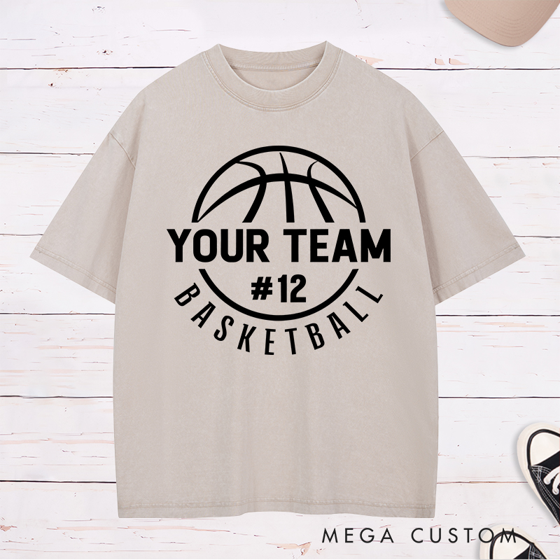 Personalized Washed T-Shirt Design Featuring a Circular Basketball Graphic with Customizable Team Name and Player Number