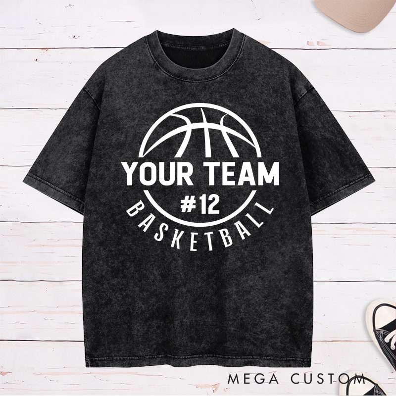 Personalized Washed T-Shirt Design Featuring a Circular Basketball Graphic with Customizable Team Name and Player Number