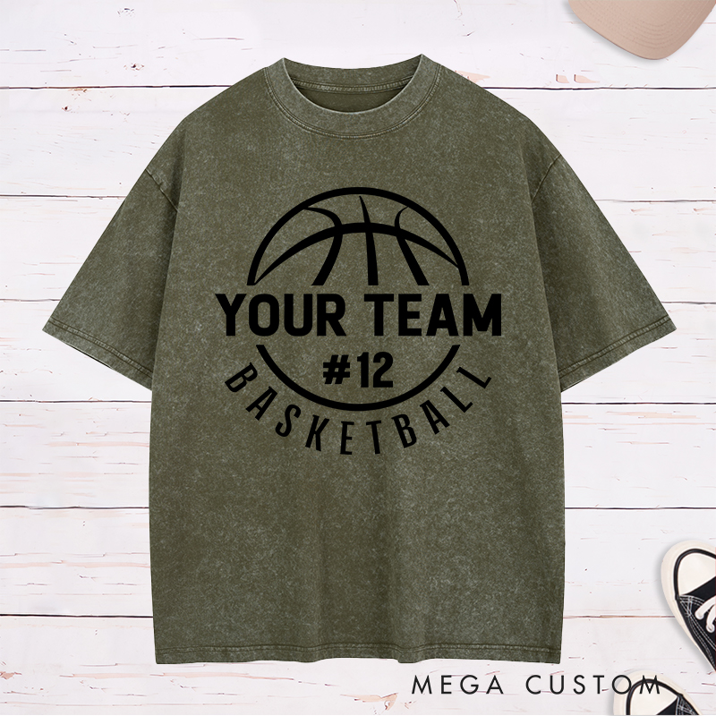 Personalized Washed T-Shirt Design Featuring a Circular Basketball Graphic with Customizable Team Name and Player Number