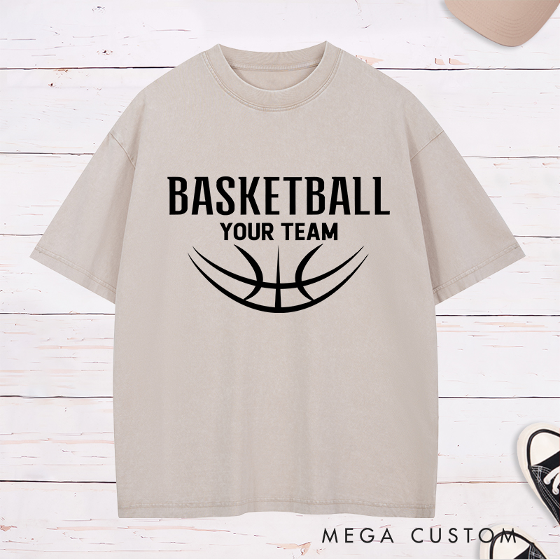 Personalized Washed T-Shirt Design Featuring a Minimalist Basketball Graphic with Customizable Team Name
