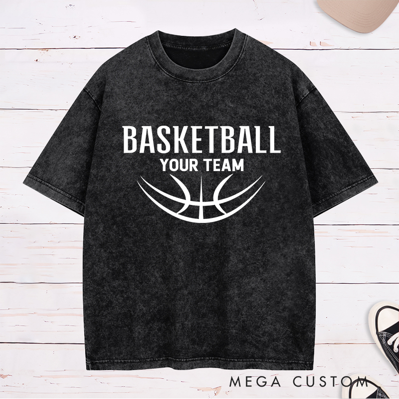 Personalized Washed T-Shirt Design Featuring a Minimalist Basketball Graphic with Customizable Team Name