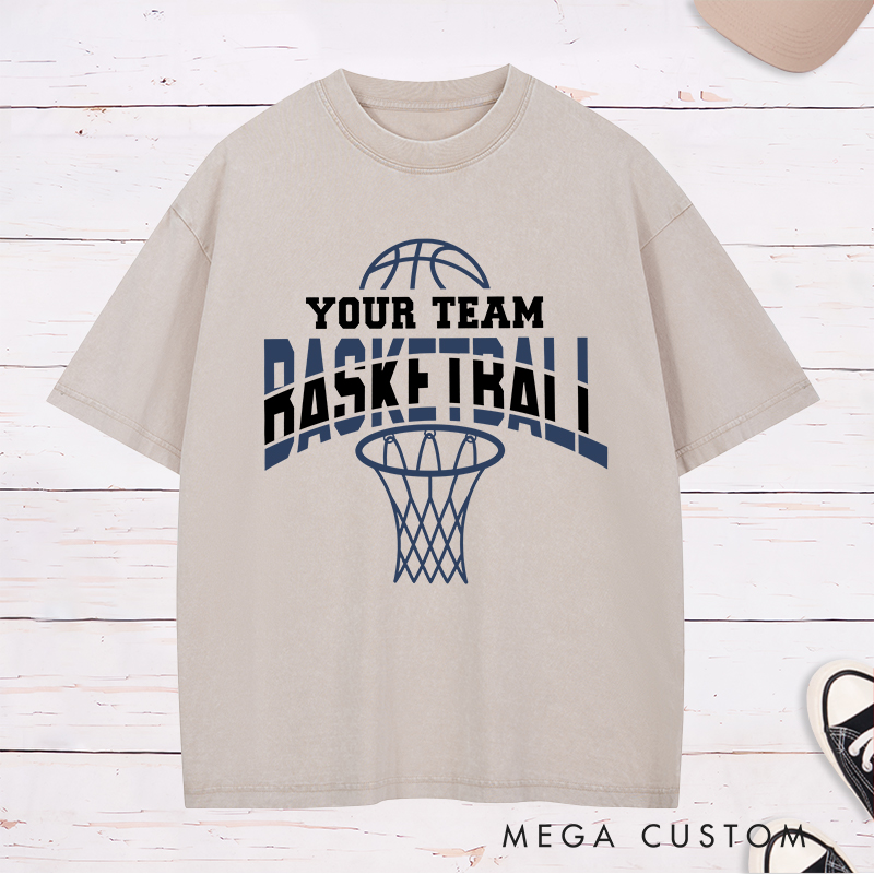 Personalized Washed T-Shirt Design Featuring Dynamic Basketball Graphics with Customizable Team Name
