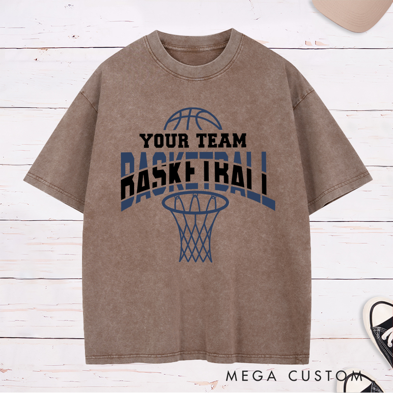 Personalized Washed T-Shirt Design Featuring Dynamic Basketball Graphics with Customizable Team Name