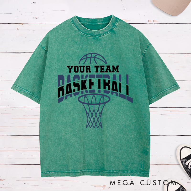 Personalized Washed T-Shirt Design Featuring Dynamic Basketball Graphics with Customizable Team Name