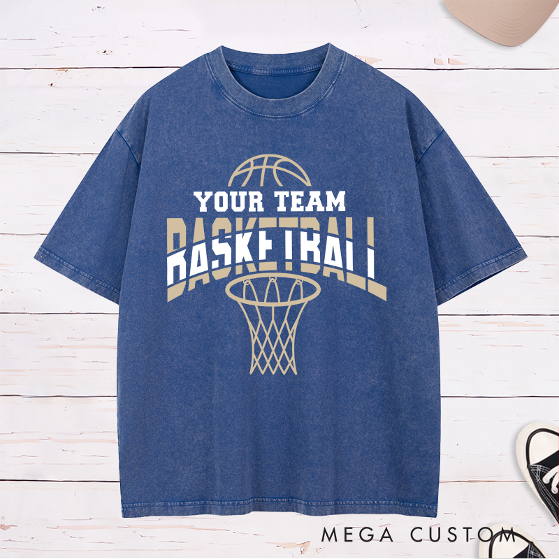 Personalized Washed T-Shirt Design Featuring Dynamic Basketball Graphics with Customizable Team Name